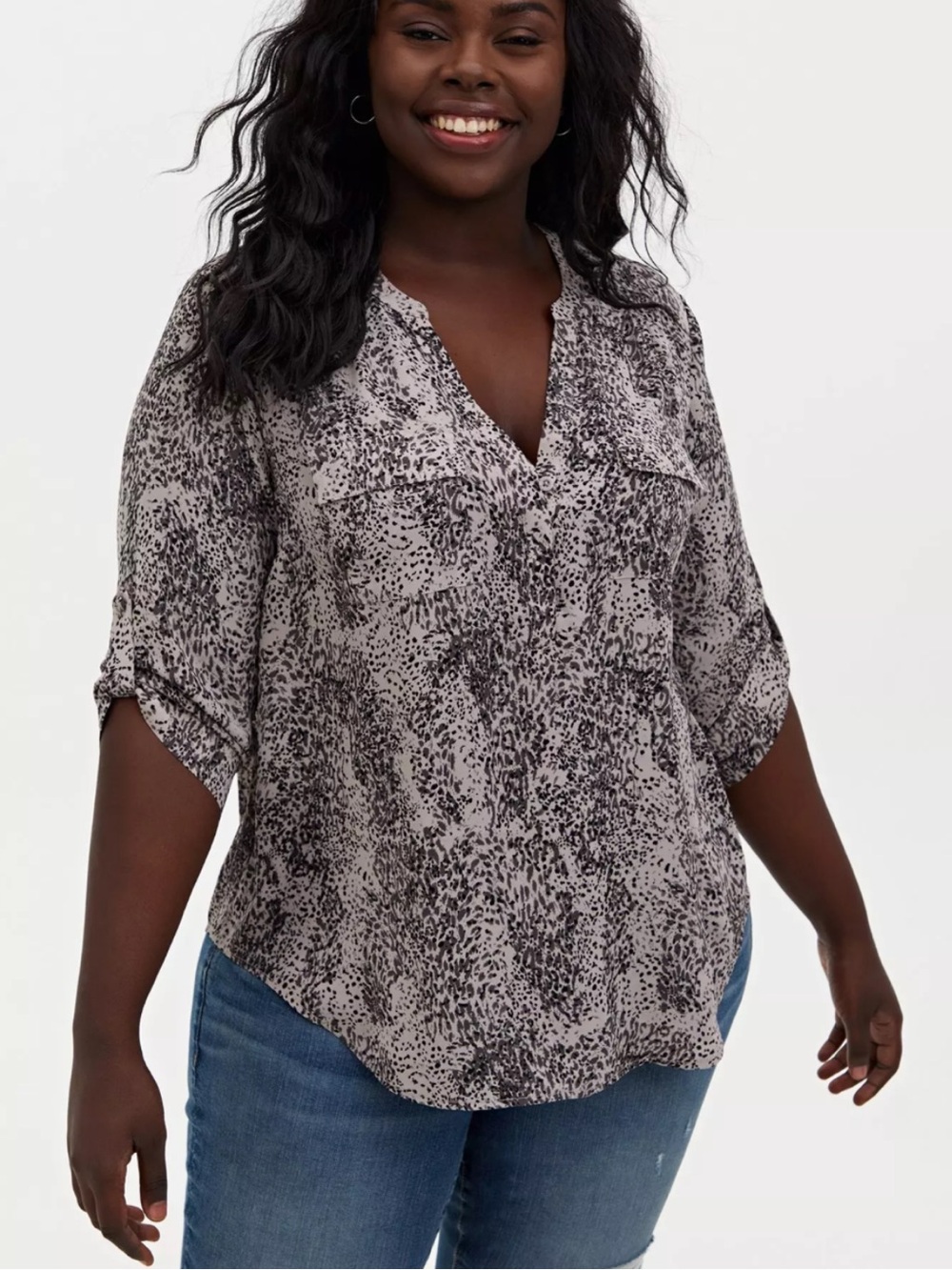Torrid Harper Women Sheer Animal Print Roll Tab Blouse